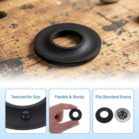 Close-up of a 10pcs Rubber Bathtub Drain Stopper Washer Black Elastic Leak Seal on a work surface, showcasing its sturdy design.