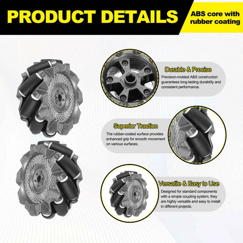 Product details of 66mm Mecanum wheels for robot cars with ABS core and rubber coating, showcasing durability, traction, and versatility.