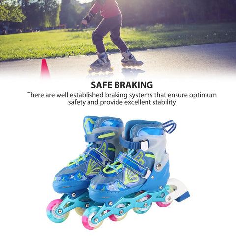 Kid Friendly Inline Skates Adjustable From Size 35 To 38 Breathable Comfort Blue Indoor Outdoor Use LED Light Up Wheels That Flash Without Batteries Self Generating Fun Durable Support Includes Storage