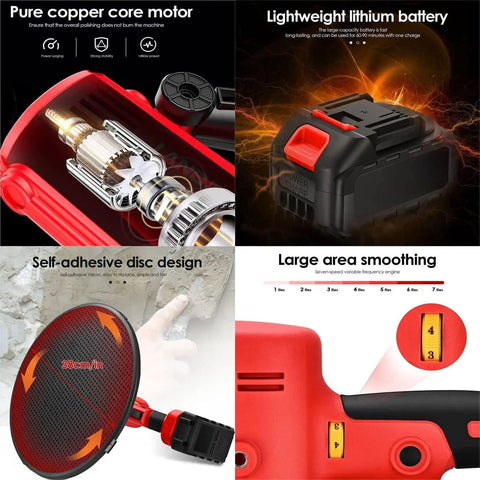 Job Site Ready Electric Drywall Sander With Six Adjustable Speeds features copper core motor, lightweight battery, and self-adhesive disc design.