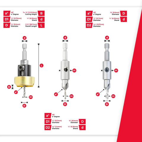 Carbide Tipped Countersink Drill Bit Set 3 Piece With Ball Bearing And Replacements AMS 627 labeled measurement details image.