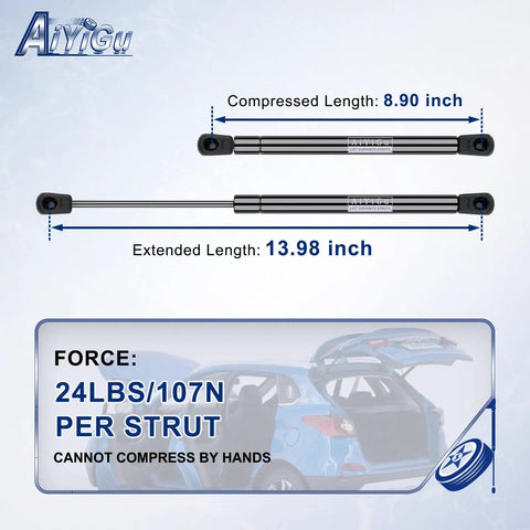 Premium 14 Inch Gas Struts With 24lb Force Lift Supports To Handle Your Truck Cap Or Hood Swap Heavy Duty Smooth Action No Brackets Pair, showing compressed and extended lengths.