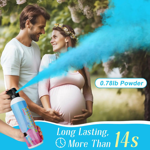 Couple celebrating pregnancy with Epic Gender Reveal Fire Extinguisher Blaster 2 Pack Blue Biodegradable Confetti Launcher.