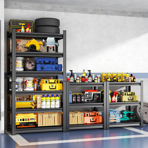 Heavy Duty Garage Shelving System 63 Inch Tall Adjustable Steel Standing Shelves 36 Inch Wide 13.8 Inch Deep Supports Up to 2000 Lbs Total Industrial Grade Metal Shelves for Basement Shop Warehouse Pantry Black loaded with tools and supplies