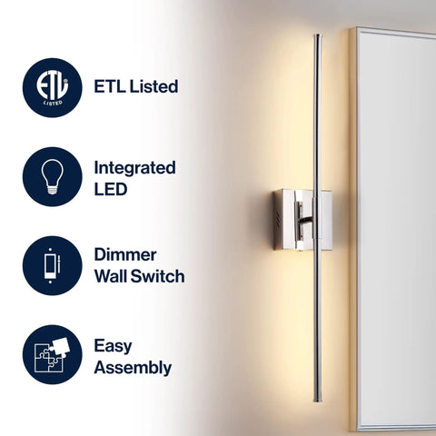 Chrome Modern Dimmable Integrated LED Wall Sconce 28 Inch with features highlighted like integrated LED and dimmer switch.