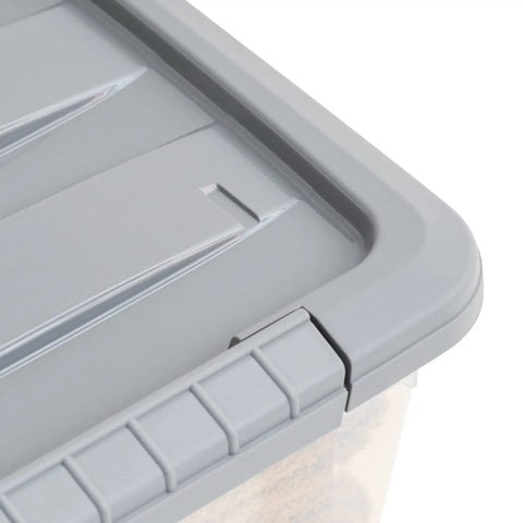 Close-up of the secure latching lid of Heavy Duty Plastic Storage Containers With Secure Latching Lids Stackable Organization Bins.