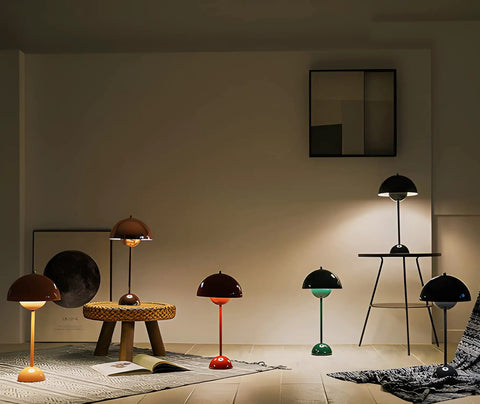 Five LED Table Lamp With Plug In Cord Minimalist Wrought Iron Hemisphere Desk Light For Bedroom in various colors on tables