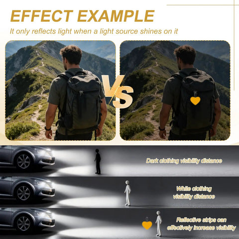 Comparison showing Go-To Pink Heart Shaped Reflector Keychain Set in use during day and night for increased safety visibility