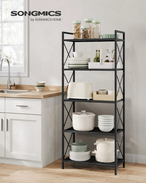 Kick The Clutter To The Curb With This No Sweat 5 Tier Steel Storage Rack Featuring Reinforced X Side Frames For Effortless Entryway Kitchen Bathroom Organization with dishes and jars