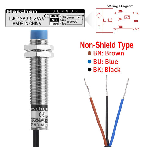 M12 Capacitive Proximity Sensor Switch Non Shield Type LJC12A3-5-Z/AX with blue cap and colored wires, 1-5mm detect range.