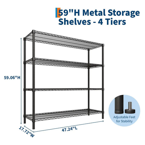 4 Tier Metal Shelving Unit Heavy Duty Wire Rack Storage Shelf Featuring 2640 Pound Capacity, 59"H x 47.24"L x 17.72"W for garage use.
