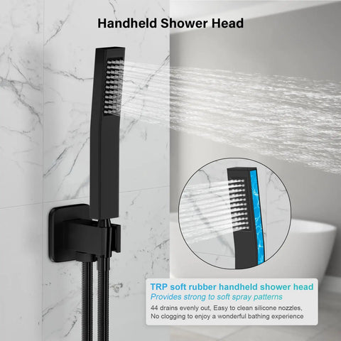 Straight Up Tough Matte Black Shower Faucet Set Featuring A 10 Inch High Pressure Rain Shower Head And Solid Brass Pressure Balance Valve For Hella Smooth Daily Showers - handheld shower head with TRP soft rubber nozzles.