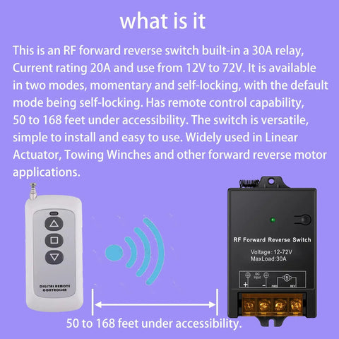 Go To Forward Reverse Switch With Remote For Winches And Linear Actuators, featuring 30A load and 168 ft wireless range.