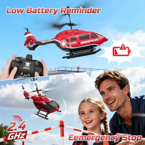 Rad Rescue RC Helicopter Toy in flight with LED lights, 2.4GHz control, showing low battery reminder and emergency stop feature