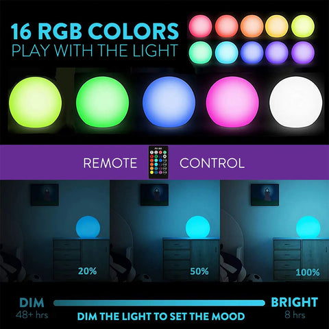 Ultra Fun Waterproof 10 Inch RGB LED Ball Light Orb displaying 16 color options with remote control and dimmable modes.