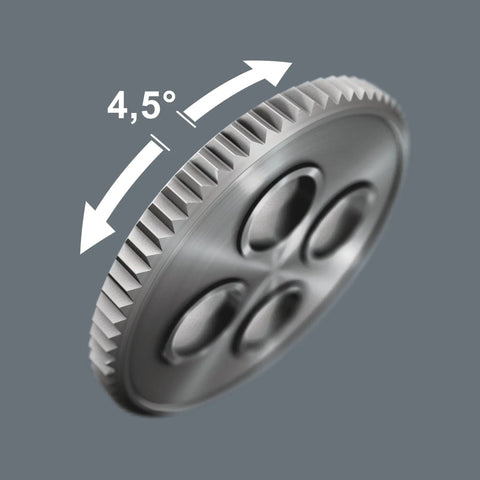 Side view of mechanism in Kraftform Kompakt 400 RA 17-Piece T-Handle Ratcheting Bit Set With Built-In Ratchet, showing 4.5-degree angle engagement
