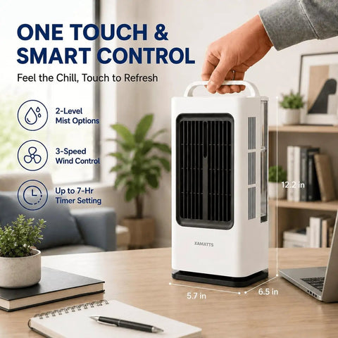 Portable Mini Personal Air Conditioner With Remote, 3 In 1 Evaporative Cooler, shown on desk with dimensions and features