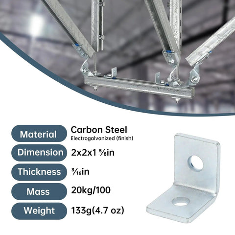 Heavy Duty 90 Degree Angle Connectors For 1 5 8 Inch Strut Channels, Beefy Two Hole L Brackets, 3 16 Thick Steel With Silver Electro Galvanized Coating 10 Pack, displaying carbon steel L bracket.