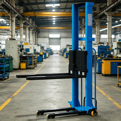 Heavy Duty Electric Portable Forklift Pallet Jack That Slides Heavy Loads Smoothly in a factory setting.
