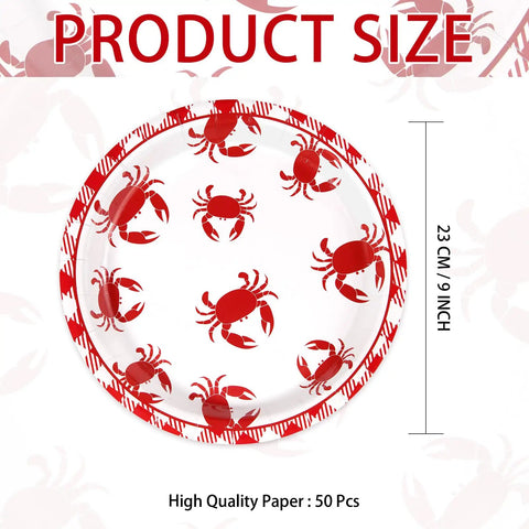 Heavy Duty 50 Pack Crab Boil Paper Plates 9 Inch Round Disposable Dinnerware with red crab designs and dimensions labeled.