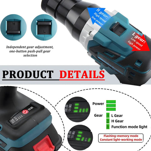 Cordless Rivet Nut Tool Kit With Electric Pop Rivet Gun gear controls and power indicators detailed view