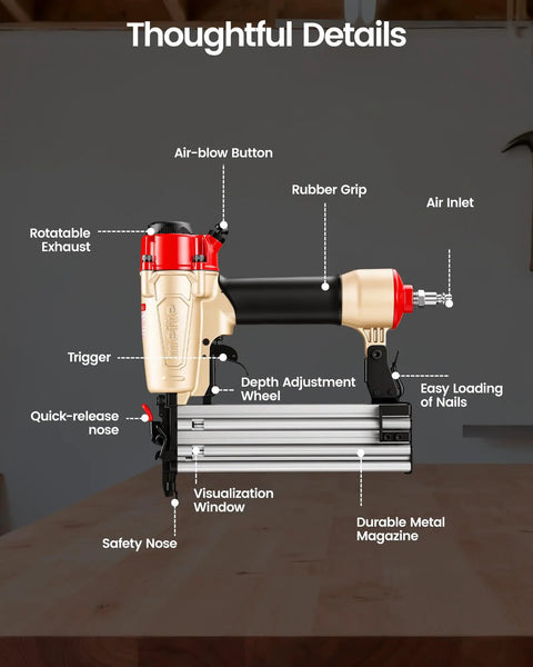 Detailed view of No Sweat 18 Gauge Two In One Pneumatic Nail Gun And Staple Gun Combo showing features like depth adjustment wheel.