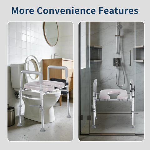 Adjustable Raised Toilet Seat With Plush Padded Cushion And Sturdy Safety Handles Built Tough 450 Lb Capacity in bathroom and shower.