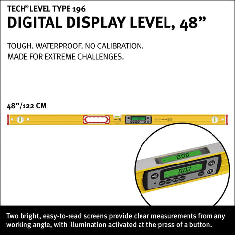 High Performance Digital Spirit Level With Crisp Illuminated Dual Screens And Beefy 48 Inch Hardcore Jobsite Beast Offering Solid IP67 Waterproof Dustproof Measurements For Every Crew, showcasing bright screens and measurement features.