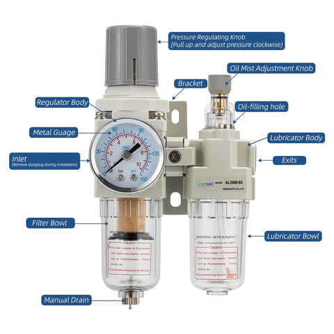 Front view of One Quarter Inch NPT Compressed Air Filter Regulator Lubricator Combo With Five Micron Brass Element 0 to 150 PSI