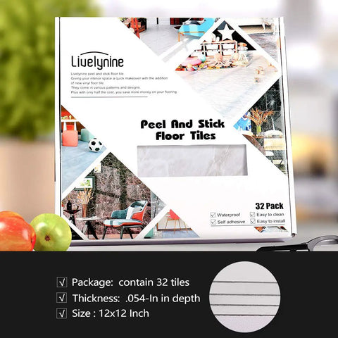 Product packaging for 32 Pack Peel And Stick Floor Tiles 12x12 Light Grey Marble Vinyl Flooring Self Adhesive