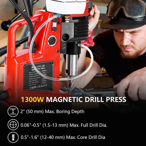 1300W Portable Magnetic Drill Press For Steel Beams And Metalworking Projects With 2 Inch Boring Capacity 810 Rpm Variable Speed And Ten Speed Settings Includes Quick Change Chuck And Eighteen Piece Bit Set close-up image showing drilling specs and features.