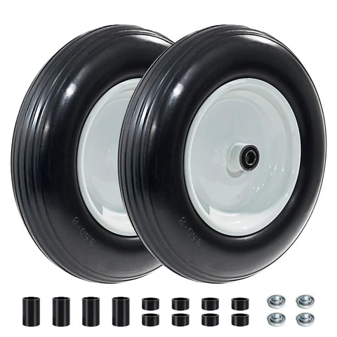 Flat Free Wheelbarrow Tires 14.5 Inch No Flats With 3 Inch Centered Hub And 5/8 Inch Bearings PU Foam 2 Pack with accessories