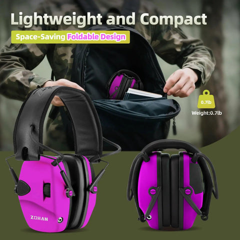 Electronic Shooting Ear Protection with 4X Sound Amplification, slim design, pink color, foldable for gun range use