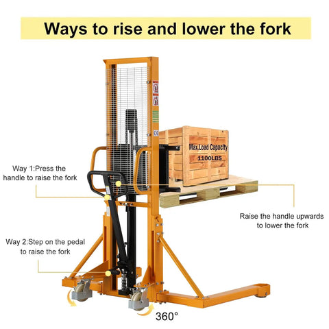 Industrial Grade 1100 Lb Hand Pallet Stacker With Adjustable Straddle Legs And A Sixty Three Inch Max Lift Height showing fork operation methods.