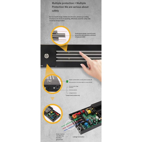 Top Notch Wall Mounted Track Power Strip Featuring Slick Sliding Sockets Multipurpose Surge Protection Rail Gonna Fit Your Home Office Or Kitchen Perfectly Gold Finish At 100 Cm close-up showing multiple safety features and controls.