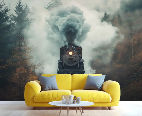 Epic Locomotive Through Foggy Forest 3D Wall Mural Dope Train Adventure Wallpaper For Living Room And Bedroom Large 118x82.6 in