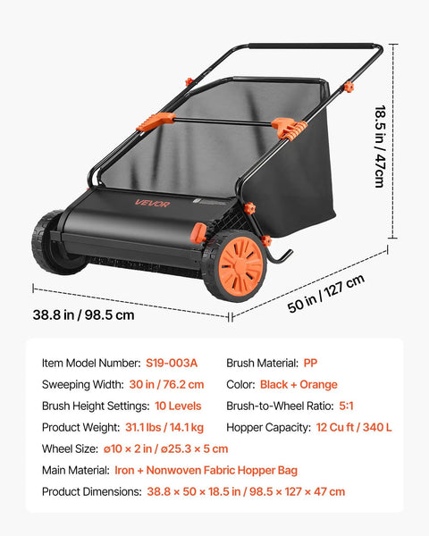 Heavy Duty Push Lawn Sweeper With 30 Inch Wide Broom And 12 Cubic Foot Hopper Bag For No Sweat Grass And Leaf Pickup, black and orange design.