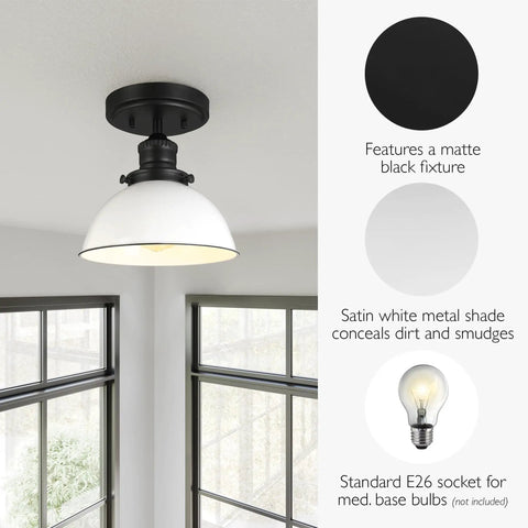 Cozy Rustic Farmhouse Ceiling Light Semi Flush Mount With Matte Black Finish And White Metal Shade Dimmable Fixture For Kitchen Hallway Or Dining Room 8x8x9 Inches displayed with color and bulb details