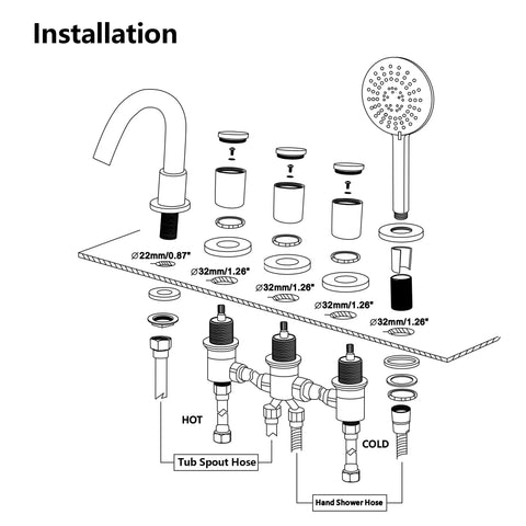 Brushed Gold Five Hole Roman Tub Faucet With Sprayer Deck Mount Tub Filler Set Five Piece Bath Tub Faucet Three Handle Deck Mount With Hand Shower Solid Brass High Flow Roman Faucet installation diagram