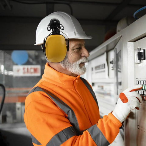 Heavy Duty Hard Hat Earmuffs With Hella Thick Sponge Cushions For Kickass Noise Reduction And Reliable Hearing Protection On Any Big Construction Jobsite Today worn by man in orange vest at control panel.