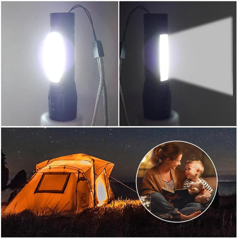 5 Pack Mini Pocket LED Flashlights USB C Rechargeable High Lumens EDC Torch illuminating scene, camping tent, and night sky