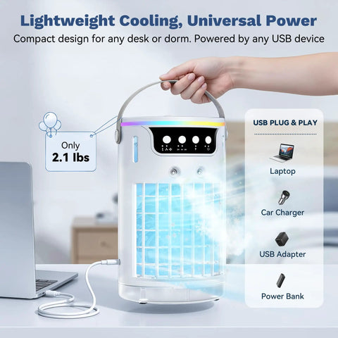 Person holding a Personal Mini Air Cooler With Ice Water Cold Mist, 4 In 1 Evaporative AC For Desk, Bedroom, Office, Car Or RV