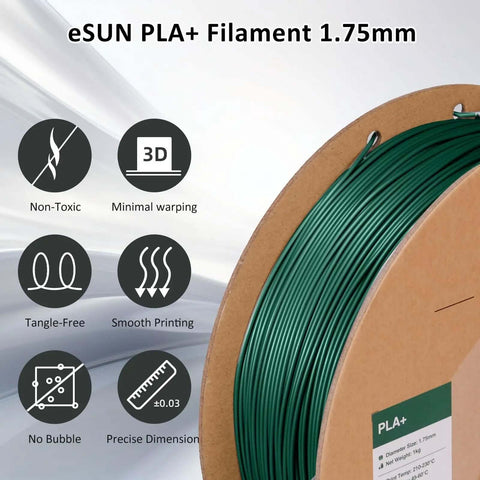 PLA Plus 1.75mm Filament For 3D Printers 1kg Cardboard Spool Pine Green with icons for features and benefits