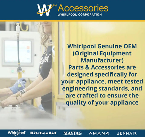 Whirlpool OEM parts and accessories poster with brand logos and quality assurance message.