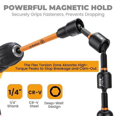 Close-up of 51-Piece Magnetic Nut Driver Set with color-coded drivers, showing deep-well design and CR-V steel for impact tools.