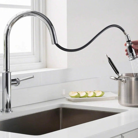 Sellette Single-Handle Pull-Down Kitchen Faucet With Deck Plate In Oil Rubbed Bronze, flexible hose in use near window