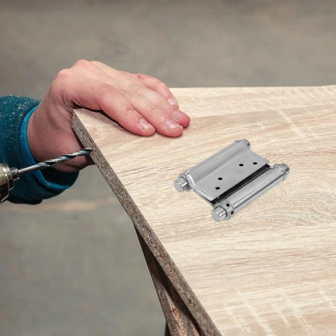Heavy Duty Stainless Steel Spring Hinges For Doors And Fences with drill, rustic charm silver finish on wood