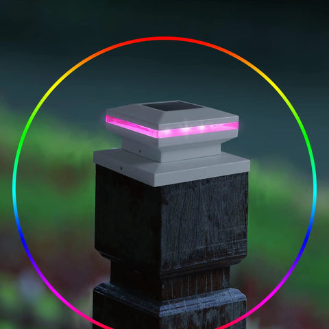 6 Pack Solar Post Lights Outdoor RGB Color Changing Post Cap Lights for fence deck and patio on a wooden post with pink glow