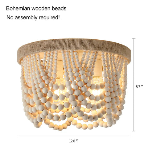 Boho Chic Wood Beaded Flush Mount Light Fixture, Rustic Farmhouse Three Light Chandelier, natural hemp rope trim, 12.8in dia, 8.7in height