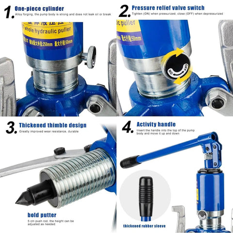 Rugged 5 Ton Hydraulic Gear Puller With Durable Alloy Steel Jaws and Two Inch Axial Travel for Stubborn Hub Bearing and Flange Extraction close-up of pressure relief valve and handle